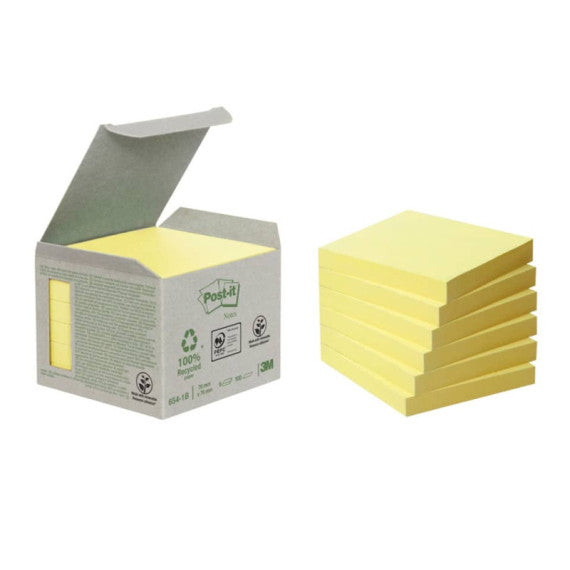 Foglietti riposizionabili Post-it® Notes carta riciclata Giallo Canary? - 76x76 mm - 6 blocchetti da 100 ff - 654-1B