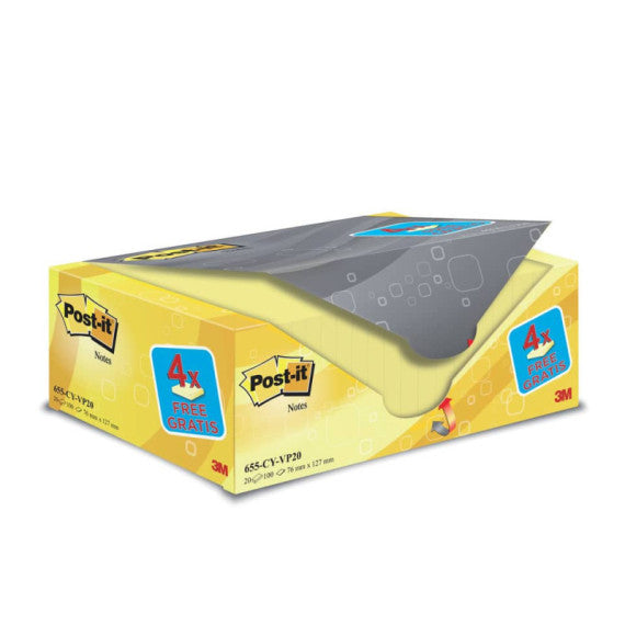 Foglietti riposizionabili Post-it® Notes giallo Canary? 76x127 mm Value Pack 16+4 blocchetti GRATIS - 655-VP20