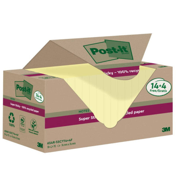 Foglietti riposizionabili Post-it® Super Sticky carta riciclata al 100% 76x76 mm Giallo Canary - 18 blocchetti da 70 ff