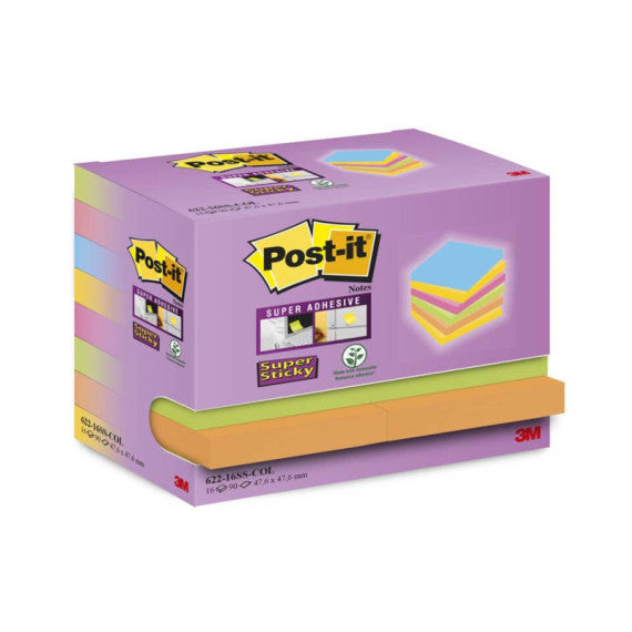 Foglietti riposizionabili  Post-it® Super Sticky Color Notes 47,6x47,6 mm Tower Pack 16 blocchetti da 90 ff