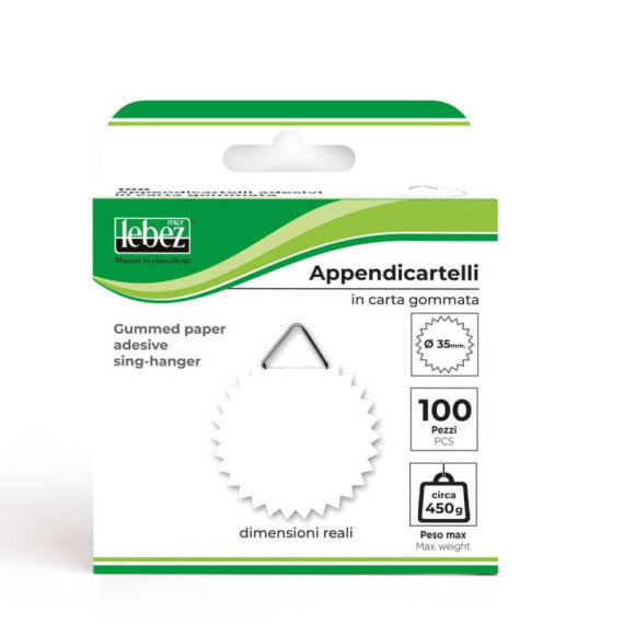 Ganci appendicartelli Lebez in carta gommata Ø 35 mm - conf. 100 pezzi - bianco - 263