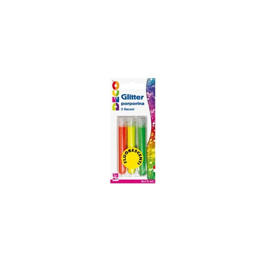 Glitter grana fine - 12 ml - colori assortiti fluo - Deco - blister 3 flaconi