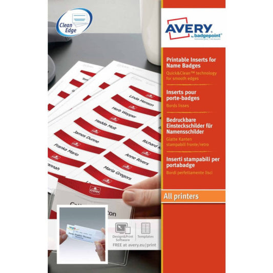 Inserti per badge Avery bianco 200 g/m² 37x75 mm Laser e inkjet 14 et./foglio Conf. 10 fogli - 7537