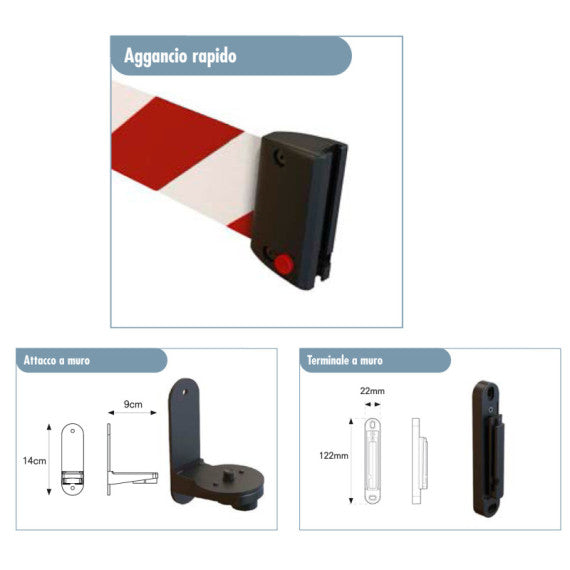 Kit testina Rondo Tensa - con fissaggio a muro - nastro estensibile 10 m - rosso/bianco - Studio T