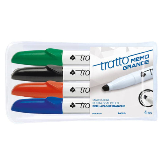 Marcatore per lavagne bianche Tratto Memo p. scalpello - conf. da 4 colori assortiti - F852200