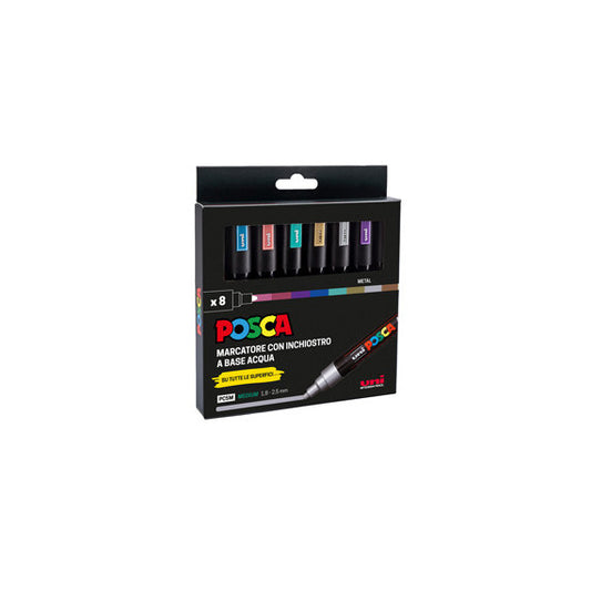 Marcatore Uni Posca PC5M - punta media 1,8-2,5 mm - colori assortiti metal - Uni Mitsubishi - conf. 8 pezzi