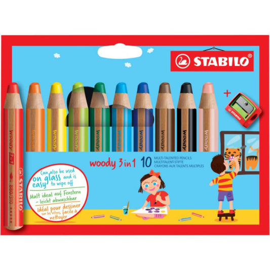 Matite colorate Stabilo Woody 3 in 1 punta larga - colori assortiti astuccio di cartone da 10 pz + temperino 880/10-2