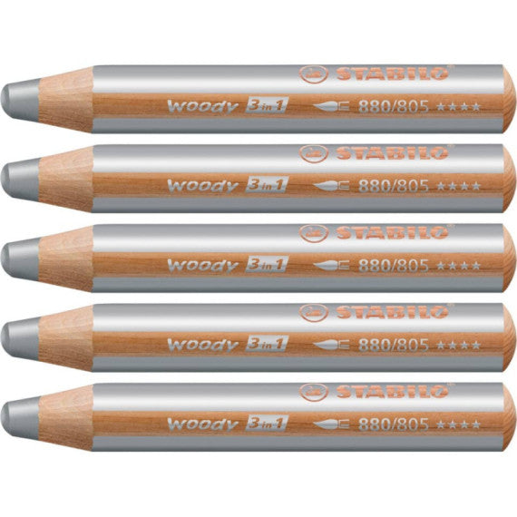 Matite colorate Stabilo Woody 3 in 1 punta larga conf. 5 pz argento 880/805