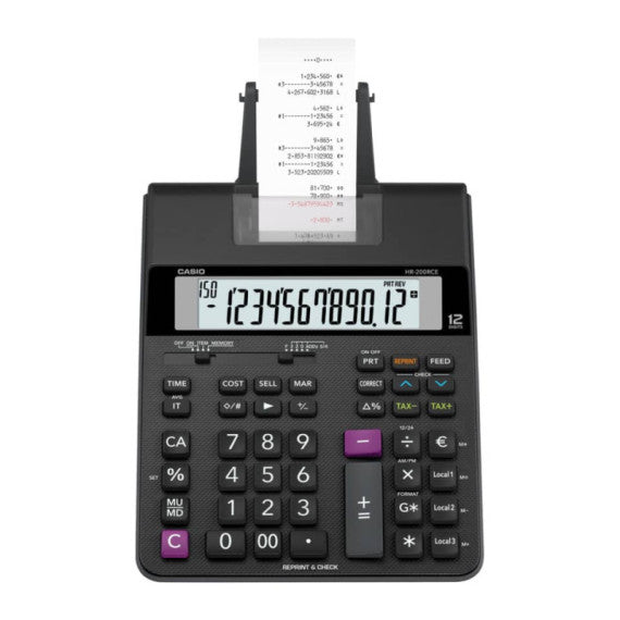 Mini calcolatrice scrivente Casio con batteria, stampa a 2 colori e display a 12 cifre - HR-200RCE-W-EC