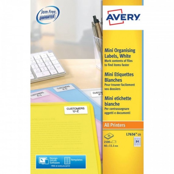 Mini etichette bianche per usi speciali Avery 46x11,1 mm - 84 et/foglio - stampanti laser conf. 25 fogli L7656-25