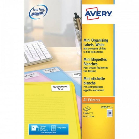Mini etichette bianche per usi speciali Avery 46x11,1 mm - 84 et/foglio - stampanti laser conf. 25 fogli L7656-25