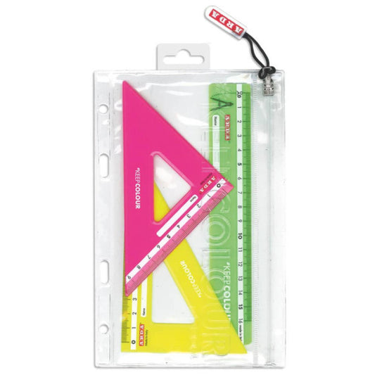 Miniset 3 pezzi da disegno in busta con zip Arda - 2 squadre 45°e 60° + 1 righello 16 cm - KC7063