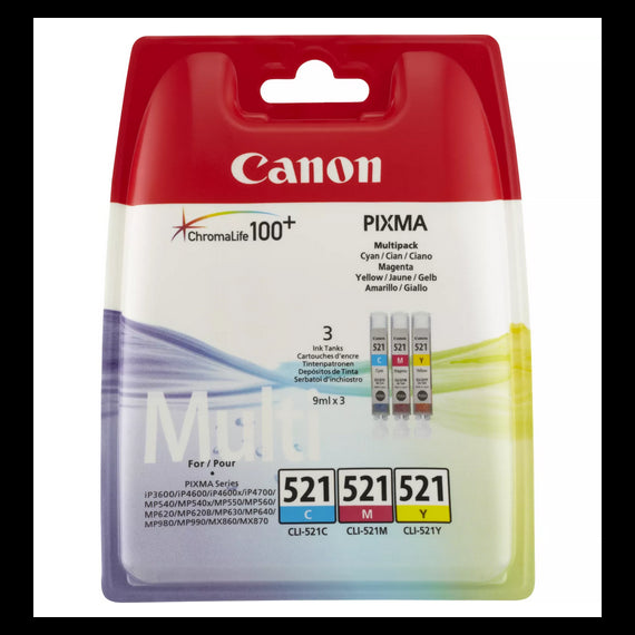 MULTIPACK CANON CLI-521C-M-Y 2934B010AA CARTUCCIA ORIGINALE PER CANON Ip3600,IP4600,MP540,MP620,MP630 CAPACITA' 9mlx3