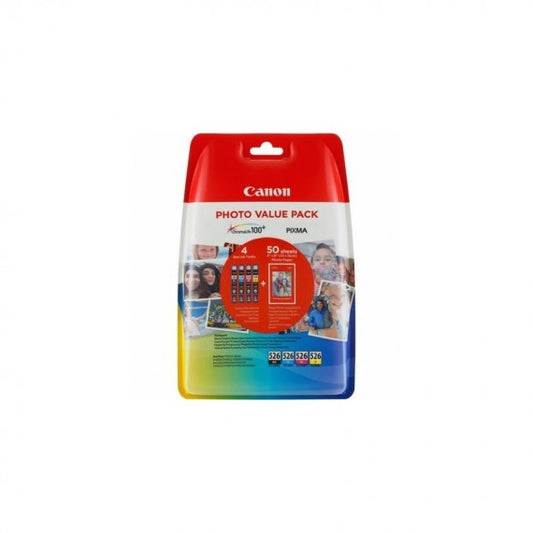 MULTIPACK CANON CLI-526BK-C-M-Y 4540B018 + 50FF CARTA PHOTO 10X15 CARTUCCIA ORIGINALE PER CANON IP 4850,MG 5150,MG 5250