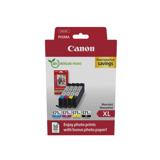 Multipack Canon CLI-571XL BK-C-M-Y alta capcità 0332C006 originale + 50ff carta photo 10x15 per Canon Pixma MG5700 MG6800 MG7700