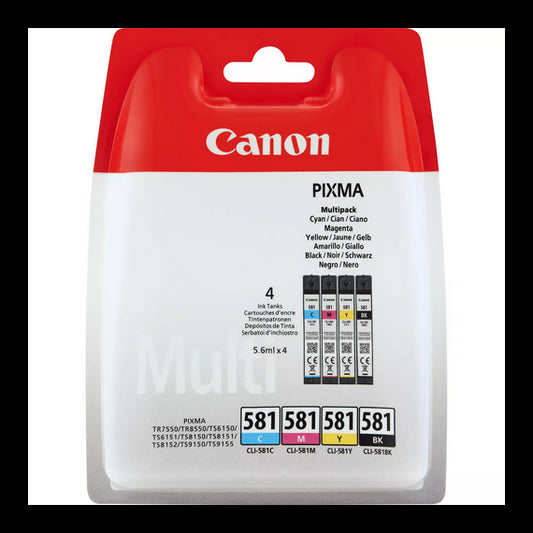 Multipack Canon CLI-581 BK/C/M/Y 2103C004AA cartuccia originale per Canon TS6150,8150,9150,TR7550,8550 cli-581x4 da 5.6ml