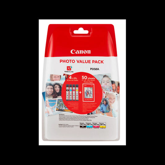 Multipack Canon CLI-581XL BK/C/M/Y 2052C004AA cartuccia originale + 50 fogli 10x15 per Canon TS6150,8150,9150,TR7550 cli-581XLx4