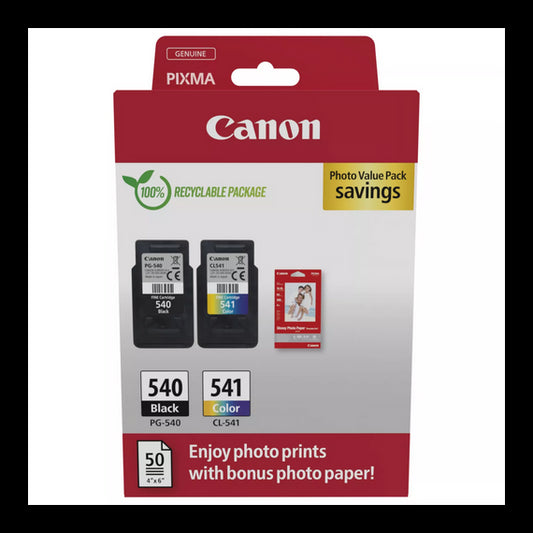 Multipack Canon PG-540 NERA + CL-541 5225B013 originale + 50ff carta fotografica per Canon MG2150 MG3150 PG540+CL541