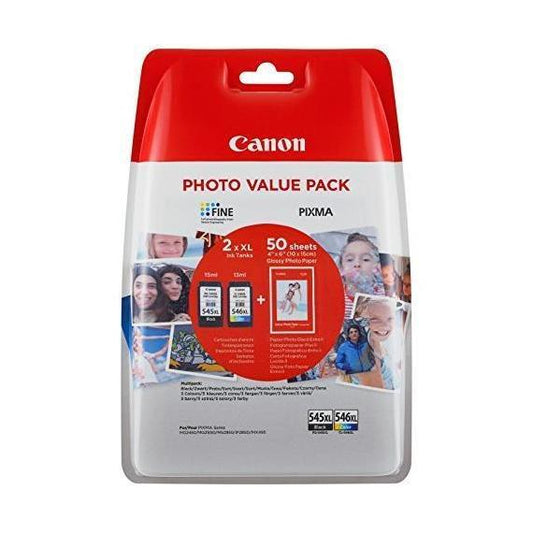 MULTIPACK CANON PG-545XL + CL-546XL 8286B006AA ORIGINALI PER CANON MG2450 MG2550 IP2850 MG 2950 + 50 FF CARTA PHOTO 10X15CM
