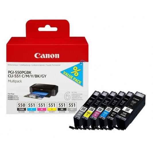 MULTIPACK CANON PGI-550 CLI-551BK/C/M/Y/GY 6496B005 CARTUCCIA ORIGINALE PER CANON IP 7250 MG5450 MG6350 CAPACITA 15MLx1 7MLx5