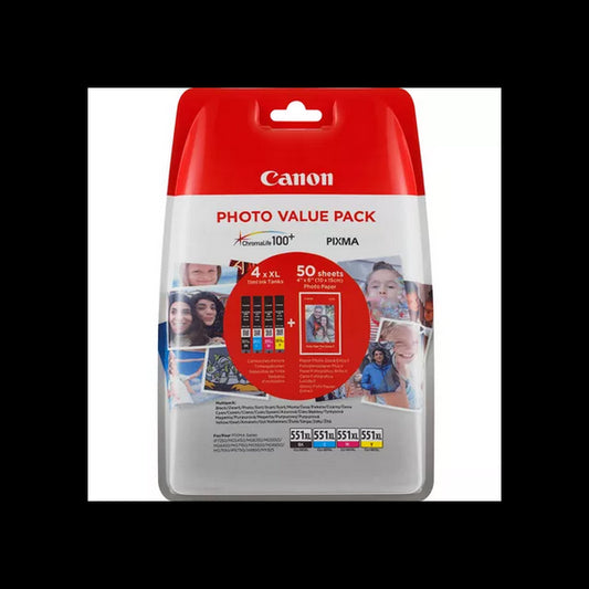 MULTIPACK CLI-551BK-C-M-Y 6443B006 + 50 FOGLI PHOTO 10X15 CARTUCCIA ORIGINALE PER CANON IP 7250 MG5450 MG6350 551XL