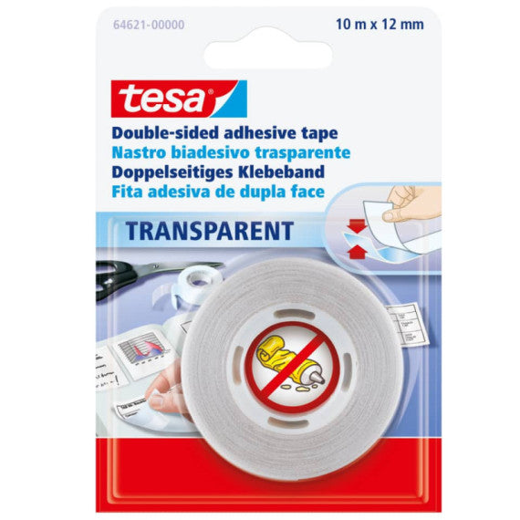 Nastro biadesivo tesa OPP trasparente in polipropilene e adesivo hot melt 12 mm x 10 m - 64621-00000-07