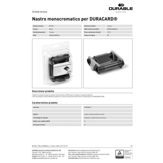 Nastro per Durable DURACARD® ID 300 monocolore nero 8912-01