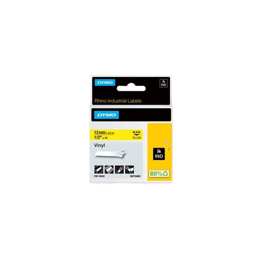 Nastro Rhino 18432 - 12 mm x 5,5 mt - vinile - nero/giallo - Dymo