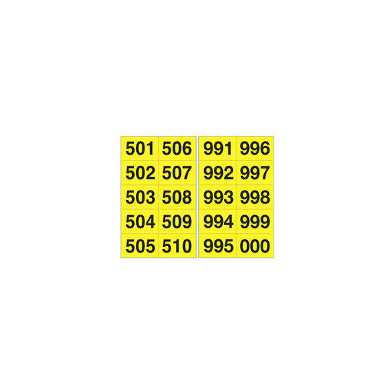 Numero adesivo da 501 a 999 - 45 x 24 mm - 10 et/fg - 50 fogli - nero/giallo