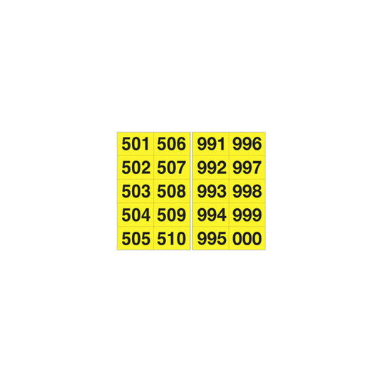 Numero adesivo da 501 a 999 - 45 x 24 mm - 10 et/fg - 50 fogli - nero/giallo