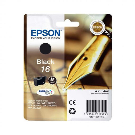 ORIGINALE EPSON T1621 NERA PER EPSON WF2010W 2510WF 2520NF 2530WF C13T16214010 16 CAPACITA 5,4ML