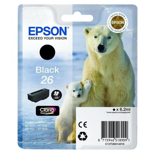 ORIGINALE EPSON T2601 NERA C13T26014010 EPSON EXPRESSION PREMIUM XP600 XP605 XP700 XP800 26 CAPACITA 6.2ML 220 PAGINE
