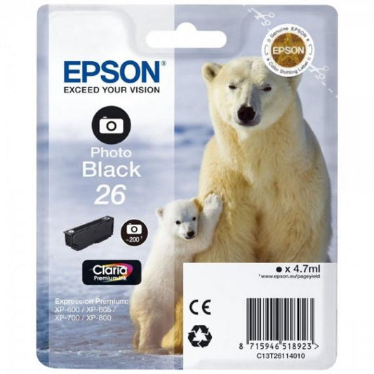 ORIGINALE EPSON T2611 NERA PHOTO C13T26114010 EPSON EXPRESSION PREMIUM XP600 XP605 XP700 XP800 26 CAPACITA 4.7ML 200 PAGINE