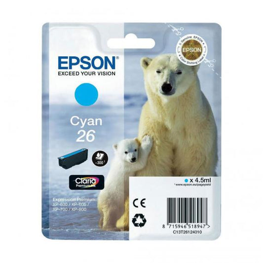 ORIGINALE EPSON T2612 CIANO C13T26124010 EPSON EXPRESSION PREMIUM XP600 XP605 XP700 XP800 26 CAPACITA 4.5ML 300 PAGINE