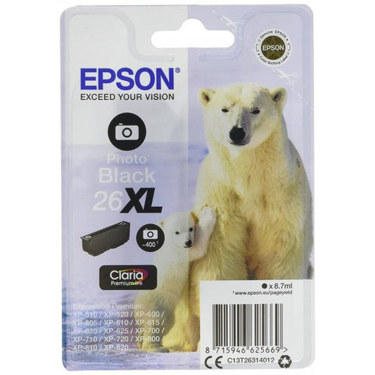 ORIGINALE EPSON T2631 NERA PHOTO C13T26314012 EPSON EXPRESSION PREMIUM XP600 XP605 XP700 XP800 26XL CAPACITA 8.7ML 400 PAGINE