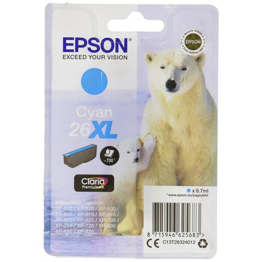 ORIGINALE EPSON T2632 CIANO C13T26324012 EPSON EXPRESSION PREMIUM XP600 XP605 XP700 XP800 26XL CAPACITA 9.7ML 700 PAGINE