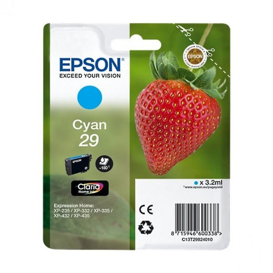 ORIGINALE EPSON T2982 CIANO PER EPSON EXPRESSION HOME XP235 XP332 XP335 XP432 XP435 2982 29 C13T29824012 CAPACITA 180 PAGINE