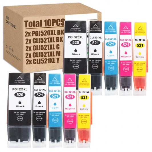 PACK 10 CARTUCCE PGI-520 CLI-521 COMPATIBILI PER CANON Ip3600,IP4600,MP540 2PZ PGI520BK 2PZ CLI521BK-C-M-Y