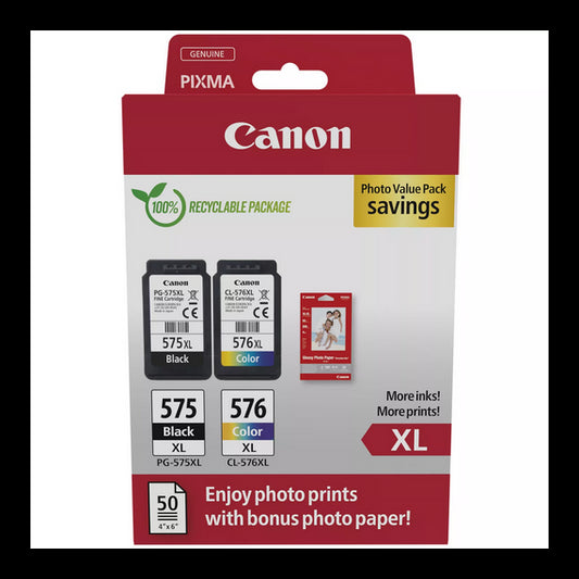 Pack PG-575XL + CL-576XL 5437C006 + 50ff carta foto cartuccia originale per Canon Pixma TS3550i,TS3551i,TR4750i PG575 CL576