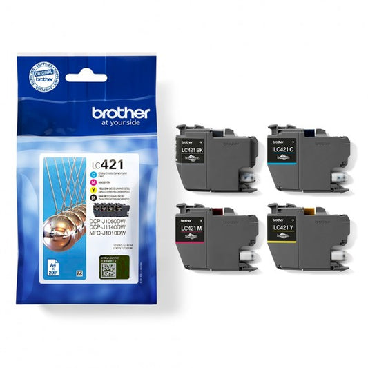 PACK ORIGINALE BROTHER LC421VAL 4 CARTUCCE ORIGINALI PER BROTHER DCP-J1050DW,J1140DW,MFC-J1010DW LC-421BK-C-M-Y 200 PAGINE CAD.
