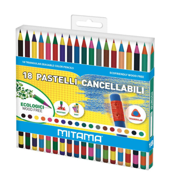 Pastelli Cancellabili Senza Legno triangolari - conf. 18 pezzi Mitama assortiti - 62825