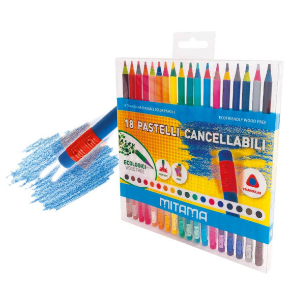 Pastelli Cancellabili Senza Legno triangolari - conf. 18 pezzi Mitama assortiti - 62825