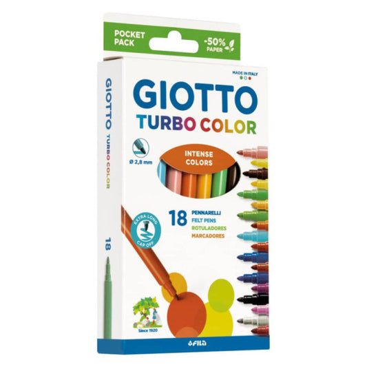 Pennarelli Giotto Turbo Color in fibra punta fine 2,8 mm - in conf. da 18 colori assortiti - F073400
