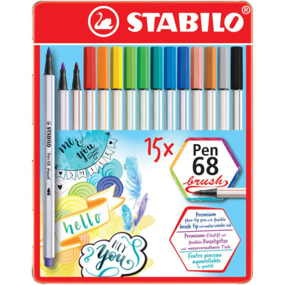 Pennarelli Stabilo Pen 68 brush punta a pennello M  1 mm - assortiti scatola in metallo da 15 pz - 568/15-32