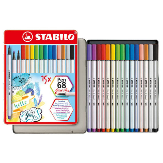 Pennarelli Stabilo Pen 68 brush punta a pennello M  1 mm - assortiti scatola in metallo da 15 pz - 568/15-32