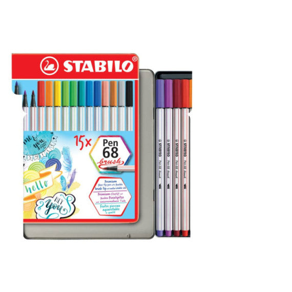 Pennarelli Stabilo Pen 68 brush punta a pennello M  1 mm - assortiti scatola in metallo da 15 pz - 568/15-32
