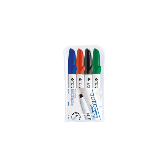 Pennarello a secco Tratto Memo per lavagne cancellabili  - punta a scalpello - tratto 6,5mm - astuccio 4 colori - Tratto
