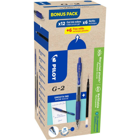 Penne gel a scatto Pilot G-2 0,7 mm blu Green Pack 12 penne +12 refill (6 omaggio) - 000024