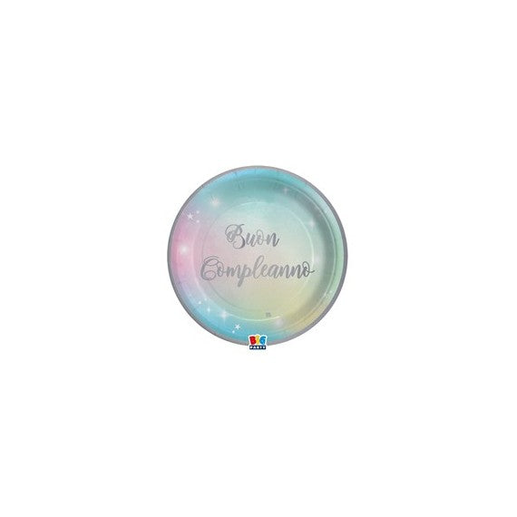 Piatto Soft Rainbow - Buon Compleanno - diametro 18 cm - carta - Big Party - conf. 8 pezzi