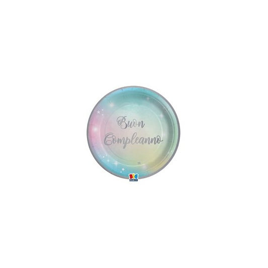 Piatto Soft Rainbow - Buon Compleanno - diametro 18 cm - carta - Big Party - conf. 8 pezzi